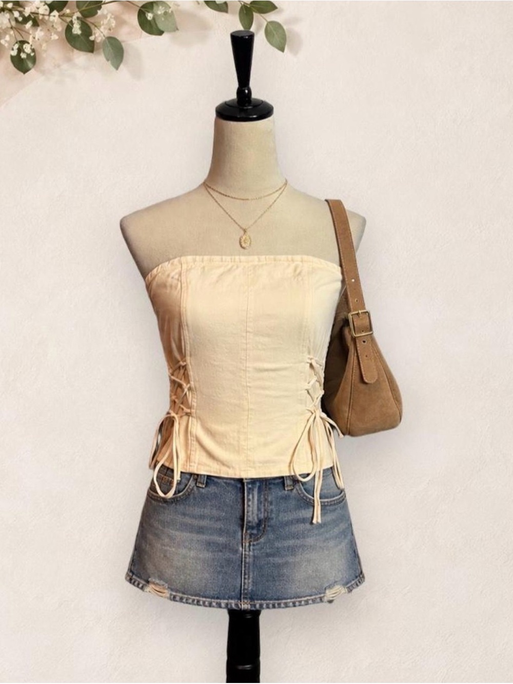 Lone Star Cream Lace-Up Strapless Corset Style Cotton Tube Top Medium